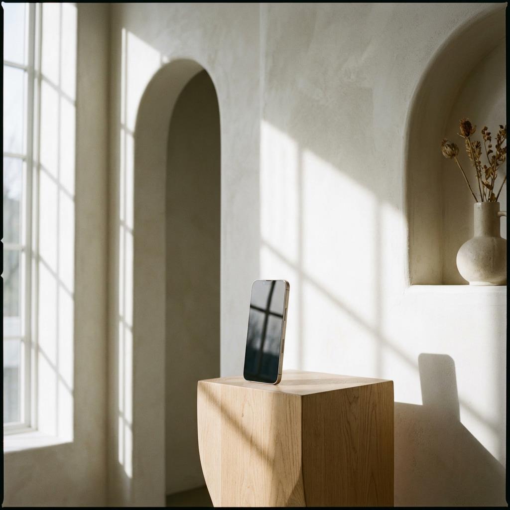 A smartphone stood on a clean block of oak wood against a minimal solid wall with dramatic shadows