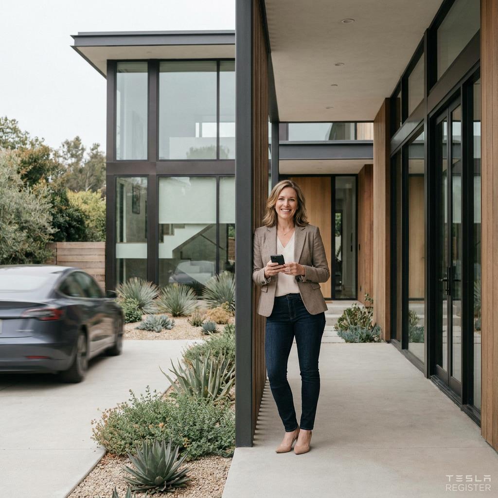 A real estate agent outdoors in casual clothing checking Claude chat on her phone at a modern property